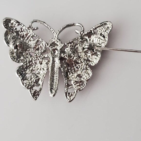 Small Silver & Red Stones Butterfly Brooch Iridescence Cute Nature Feminine - Picture 4 of 5